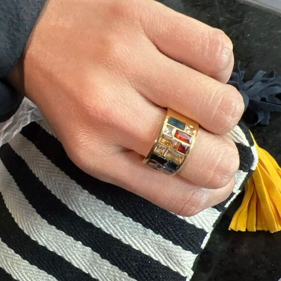 18K Gold Luxury Multicolor Wide Ring Size 6, 7, 8 Rainbow - Picture 1 of 5